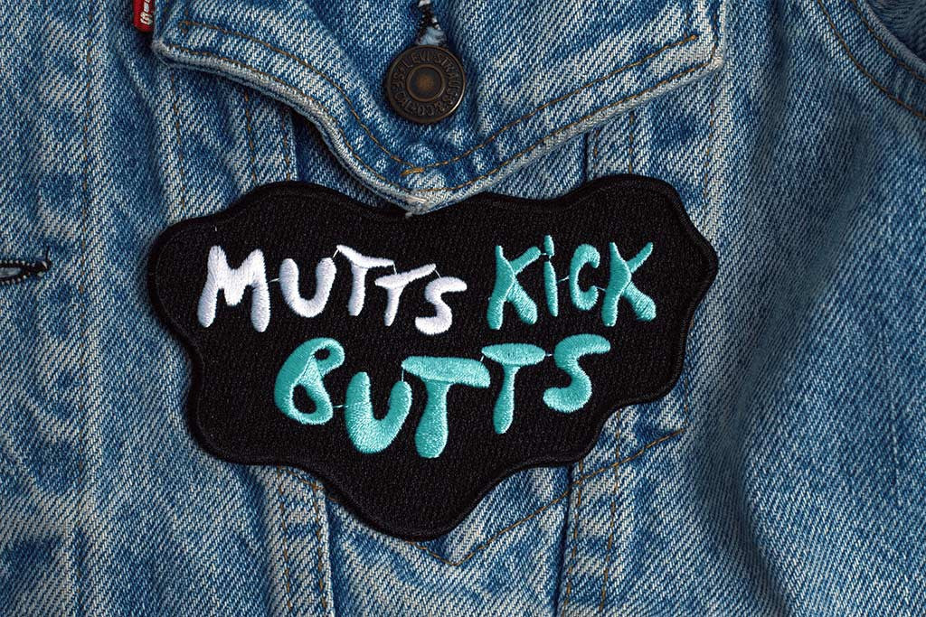 Mutts Kick Butts Dog Patches applyed on jacket | Zee.Dog