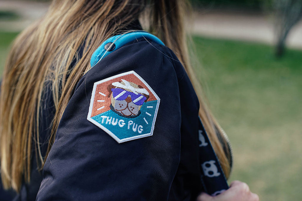 Thug Pug Dog Patch applyied on a jacket | Zee.Dog